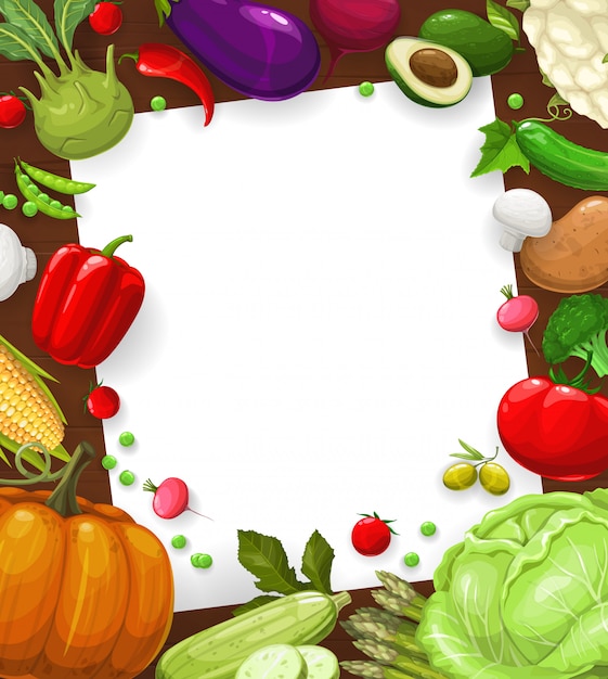 Rezeptkarte von Salat, Gemüserahmenschablone, leere Papiernotiz ...