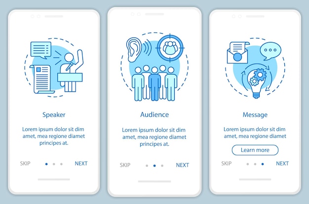 Rhetorisches dreieck beim onboarding der mobilen app-seite bildschirmvektorvorlage. führungskompetenz. sprecher, publikum, botschaft. exemplarische schritte der website mit liniensymbolen. ux, ui, gui smartphone-schnittstelle