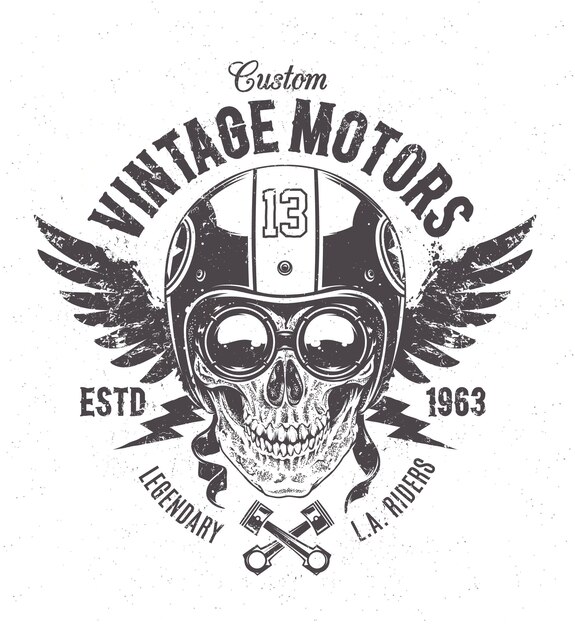 Vektor rider-schädel mit retro-racer-attributen grunge-druck vintage-stil vektorkunst