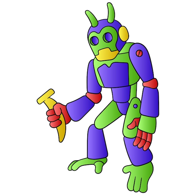 Riesiger Gorilla-Roboter imitiert Affentierart, die Bananenfrucht hält, Vektorillustrationskunst. Doodle Symbolbild Kawaii.