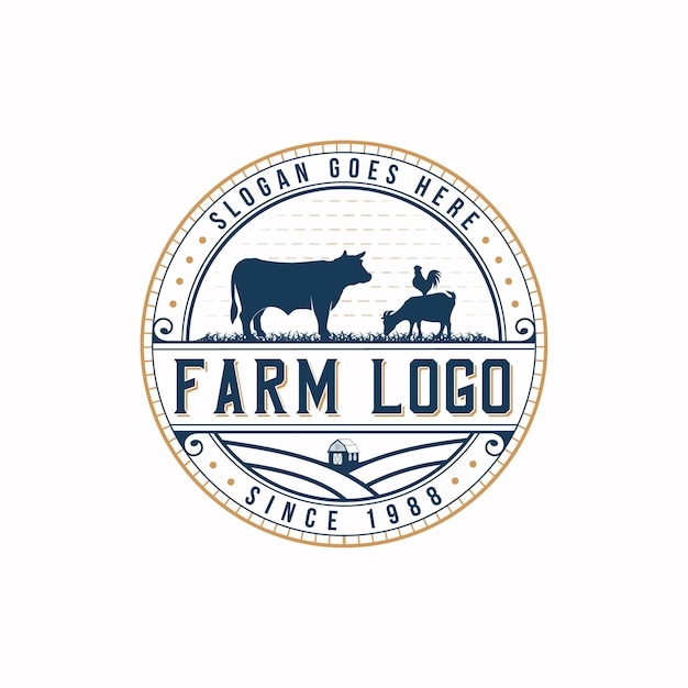 Vektor rinderfarm oder kuhfarm, vektorillustration, retro-vintage-logo-design