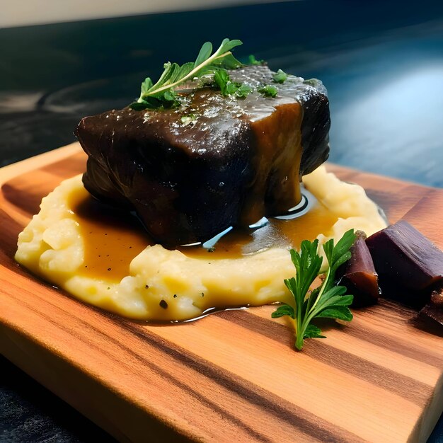 Vektor rinderfilet in soße mit kartoffeln auf einem schneidebrett aus holz