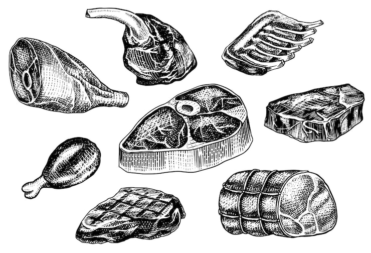 Vektor rindfleisch, schweinesteak, hähnchenschenkel, hackbraten, speck und rippchen, grillgerichte im vintage-stil, vorlagen für embleme oder abzeichen auf der speisekarte eines restaurants. handgezeichnete skizze