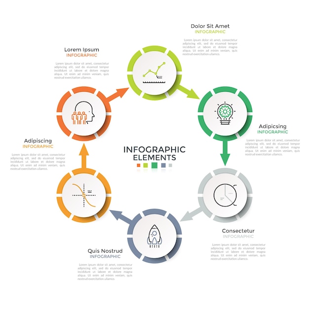 Ringförmiges diagramm mit 6 papierweißen kreisförmigen elementen, die durch pfeile verbunden sind. moderne infografik-design-vorlage. vektorillustration für die visualisierung von produktionszyklusschritten, zyklisches prozessdiagramm.