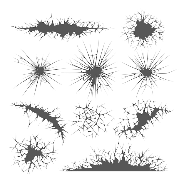 Vektor risse in der wand, glasspalten und erdbruch. vektorrisse. bodenspaltung, oberflächenrissillustration