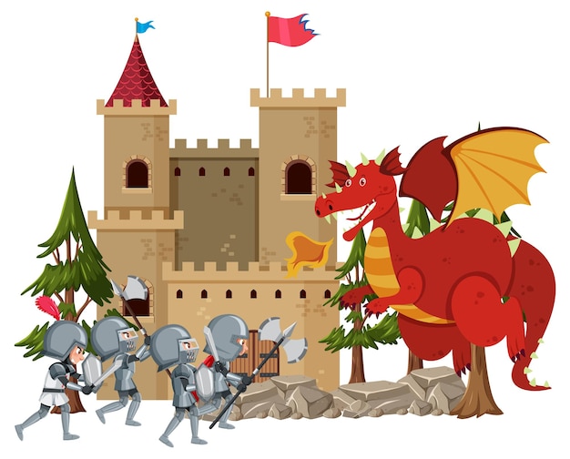 Ritter kämpfen mit drachen auf der burg