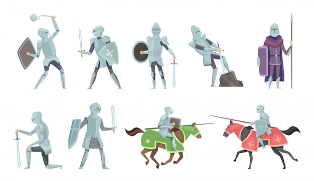 Ritter. mittelalterliche kämpfer des ritterlichkeitsprinzen brutale krieger auf pferdeschlachtvektor-karikaturillustrationen