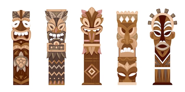 Rituelle Holzstatuen Cartoon ethnische Tiki-Totems Aboriginal-Pole-Totems flache Vektor-Illustrationssatz Hawaiianische oder afrikanische traditionelle Skulpturen