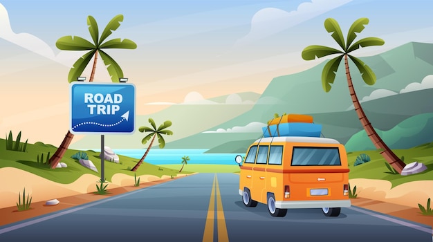 Road trip urlaub mit dem auto auf der autobahn mit strand und hügelansicht konzept cartoon illustration