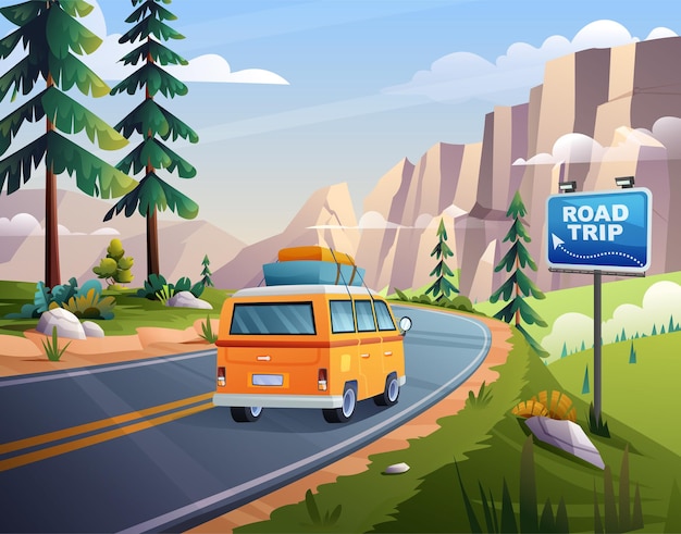 Vektor road trip urlaub mit dem auto auf der bergautobahn mit felsigen klippenansicht konzept cartoon illustration