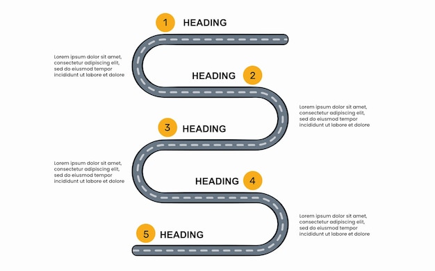 Roadmap-infografik-vorlage mit fünf schritten, optionen, teilen, schritten oder prozessen zur präsentation.