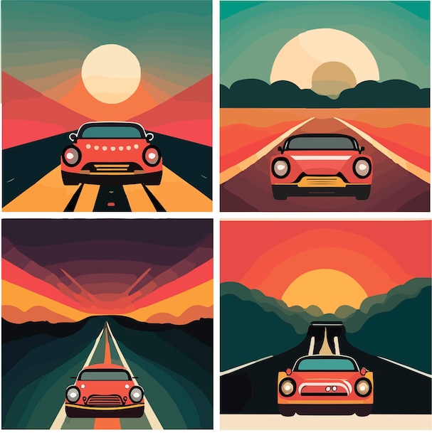 Roadtrip mit Sonnenuntergangskonzept. flaches Design. Wagen