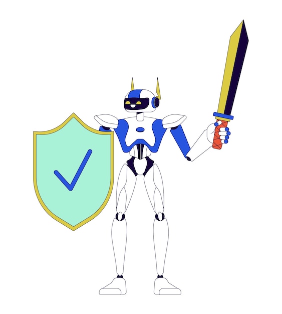 Robot mit Schild und Schwert 2D linearer Zeichentrickfigur