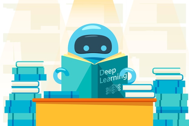 Robot oder Bot liest ein Deep-Learning-Übungsbuch