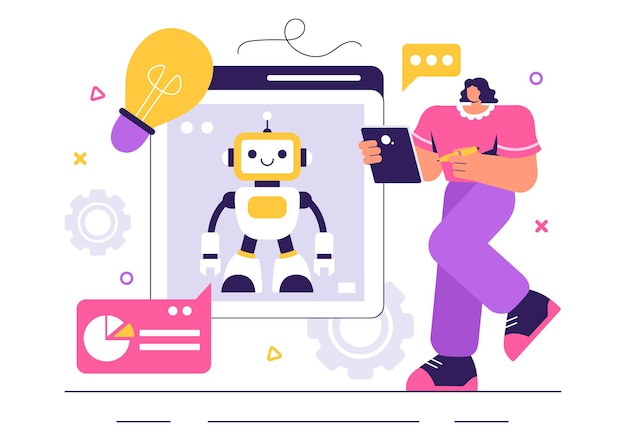 Robot Programming Vector Illustration mit einem Künstlichen Intelligenz-Robot, der mit einer digitalen Daten-Schnittstelle für fortschrittliche Technologie interagiert
