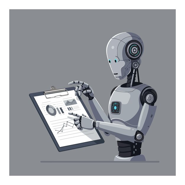 Roboter analysieren Daten auf einer Zwischenablage in einer minimalen und modernen Vektorkunst
