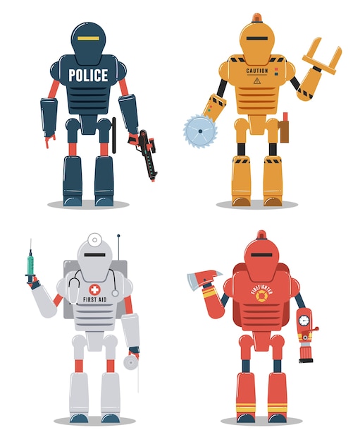 Vektor roboter charakter illustrationen. polizei, bau, medizin, feuerwehrroboter