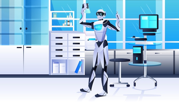Vektor roboter, der reagenzglas mit flüssigem roboterchemiker hält, der experimente im labor der gentechnik künstlicher intelligenz macht konzept moderner laborinnenraum in voller länge horizontal
