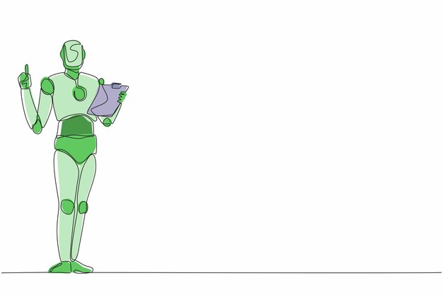 Roboter, die kontinuierlich eine Linie zeichnen, die die Schreibtafel halten und den Zeigefinger nach oben zeigen Humanoidroboter