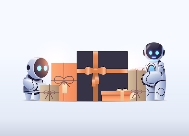 Vektor roboter in der nähe von verpackten geschenken, technologie der künstlichen intelligenz