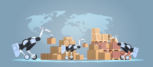 Roboter laden Pappkartons Hi-Tech Smart Factory Warehouse Logistik Automatisierungstechnologie Konzept moderne Roboter-Comicfiguren Weltkarte Hintergrund flach horizontal