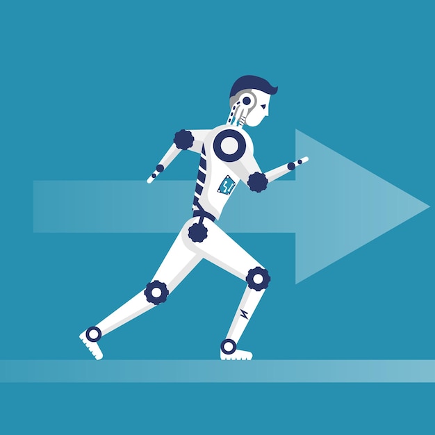 Roboter läuft. Cyborg mit hoher Geschwindigkeit im Wettbewerb. Flaches Design der Vektorillustration. Auf hintergrund isoliert. Technologie künstliche Intelligenz.