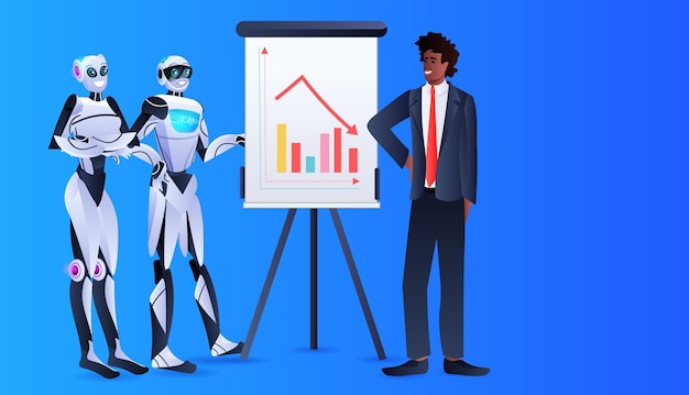 Roboter mit afroamerikanischem Geschäftsmann, der Finanzstatistikdaten auf Flipchart-Technologiekonzept der künstlichen Intelligenz horizontal in voller Länge analysiert