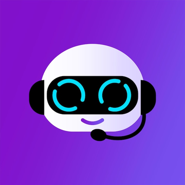 Roboter mit Headset Chatbot ai Anrufbeantworter mit künstlicher Intelligenz Call Center Center Hotline Beratung Operator Support Service Technologien Metaverse Blaue Augen lila Hintergrund