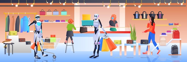 Roboter mit Trolley-Wagen, der mit Einkäufen im Inneren des Einkaufszentrums mit künstlicher Intelligenztechnologie geht