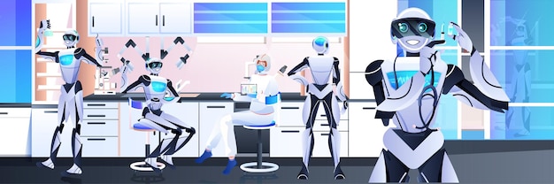 Roboter mit wissenschaftler im schutzanzug, die experimente im labor für gentechnik künstliche intelligenz konzept horizontal in voller länge durchführen making