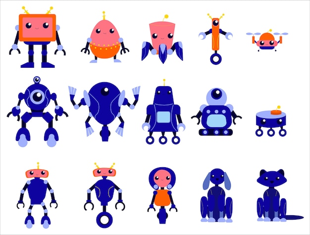 Roboter setzen. gruppe von futuristischem charakter verschiedener form. idee der automatisierung. cyborg und humanoid. illustration