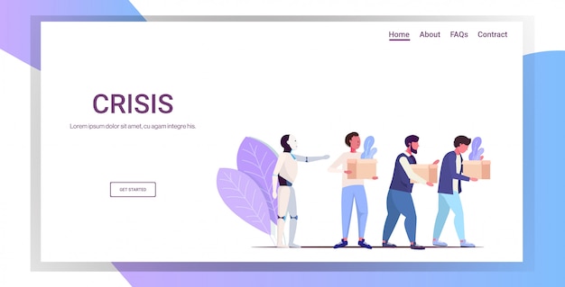 Roboter trat geschäftsleute von der arbeit weg moderner robotercharakter, der geschäftsleute künstliches intelligenzbeherrschungskonzept horizontalen kopierraum ersetzt