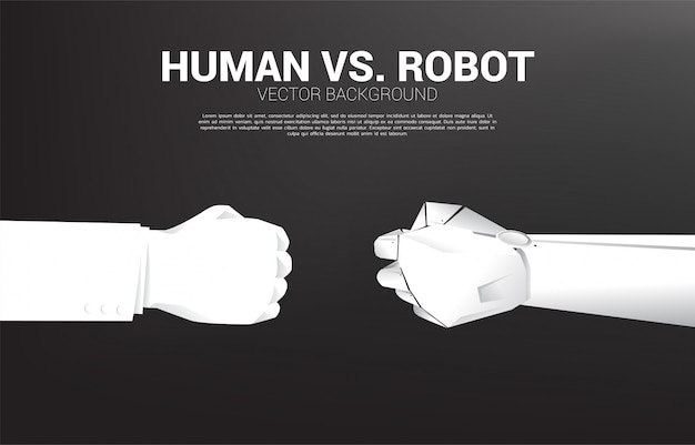 Roboter und menschliche hand bereit, fauststoß zu machen. konzept für technologie- und maschinelle lernstörungen.