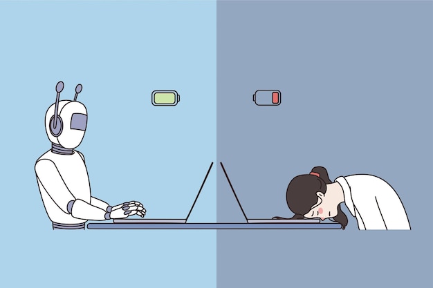 Roboter und menschliches arbeitskonzept. roboter mit künstlicher intelligenz, der eine hohe produktivität am laptop zeigt, und müde person, die sich in der bürovektorillustration erschöpft fühlt