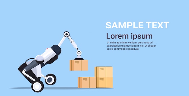 Roboterarbeiter laden Pappkartons Hi-Tech Smart Factory Roboter künstliche Intelligenz Logistik Automatisierungstechnologie Konzept Kopierraum horizontal