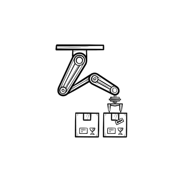 Roboterarm wählt eine Box im Herstellungsprozess handgezeichnetes Umriss-Doodle-Symbol aus. Produktionsband, Fabrikroboter. Vektorskizzenillustration für Print, Web, Mobile und Infografiken auf weißem Hintergrund.