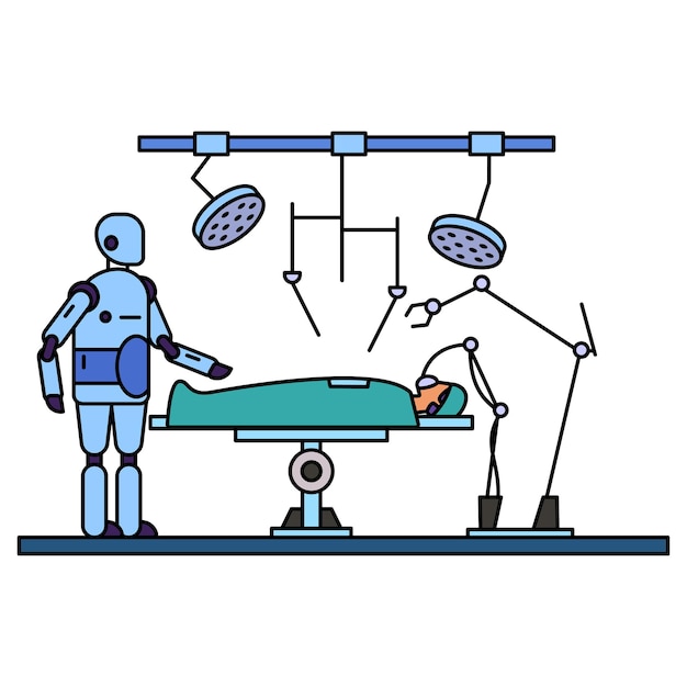 Vektor roboterchirurgie chirurgenroboter mit patient im operationssaal robotermedizin gesundheitswesen szene