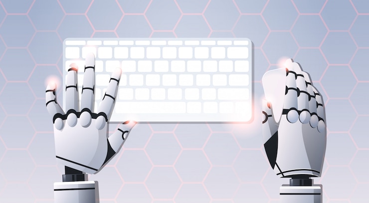 Vektor roboterhände halten maus mit computertastatur und maus