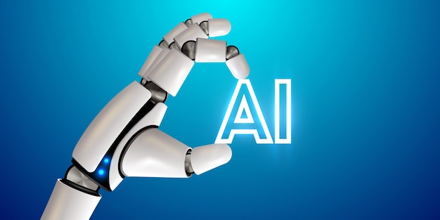 Roboterhand, die das Wort AI-Technologie maschinelles Lernen neuronales Netzwerk künstliche Intelligenz AI