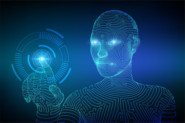Roboterhand, die Hintergrund der digitalen Schnittstelle berührt