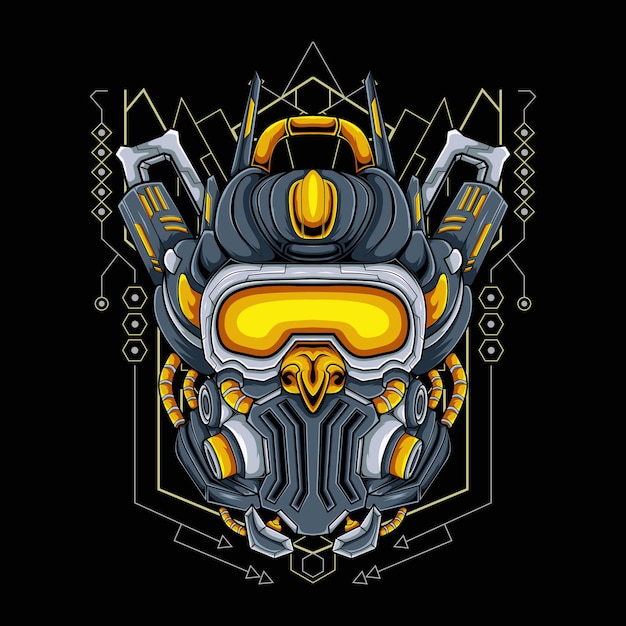 Roboterkopf mit modernem hintergrund der heiligen geometrie für gaming-e-sport-logo, gaming-maskottchen-logo