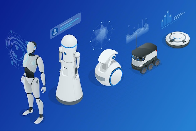 Roboterprogrammierung mit isometrischem Konzept. Roboter Helfer und Freunde. Zukünftige Infografiken Vektor Illustration