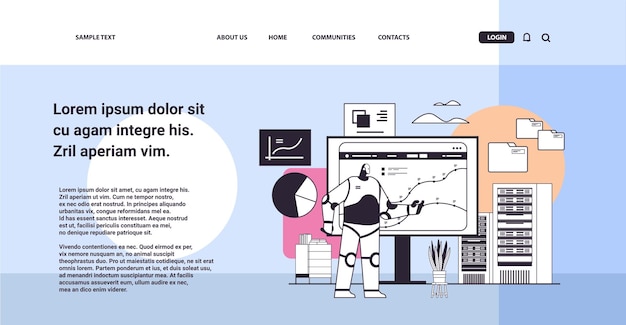 Roboterüberwachung Finanzstatistikdaten überwachen Robotercharakter, der Grafiken und Diagramme analysiert, Konzept der künstlichen Intelligenz