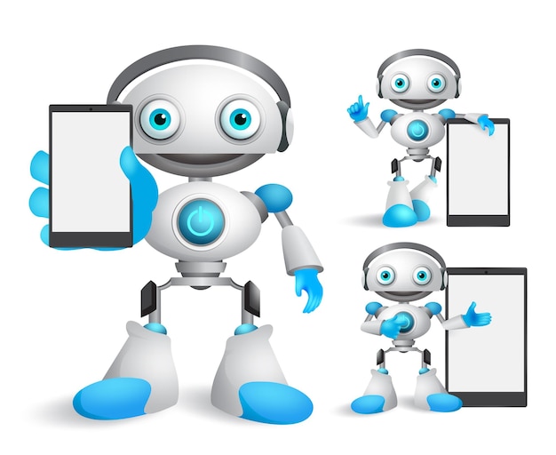 Robotervektorzeichensatz, der Handygerät mit leerem leerem weißem Bildschirm für Text hält