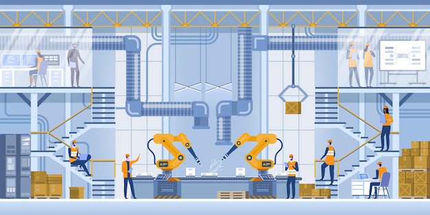 Roboterwaffenmaschine in intelligenter fabrikindustrie auf überwachung