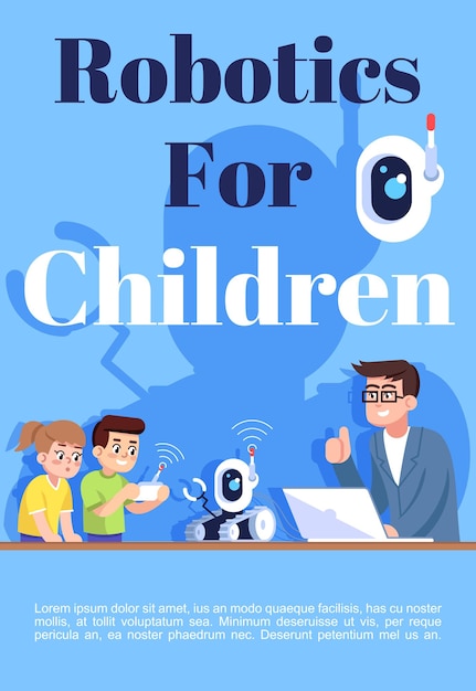 Robotik für kinderbroschürenvorlage. flyer, broschüre, broschürenkonzept mit flachen illustrationen. vektorseiten-cartoon-layout für das magazin. einladung zur werbung für roboterclubs mit textraum