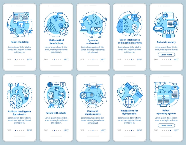 Robotik-kurse zum onboarding von mobilen app-seitenbildschirm-vektorvorlagensatz. modellierung, entwicklung von robotern. walkthrough-website-schritte mit linearen illustrationen. ux, ui, gui-smartphone-schnittstellenkonzept