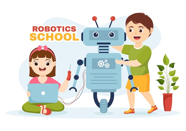 Robotik-Schulvektorillustration mit Kinder-Roboterprojekt zum Programmieren und Engineering-Roboter