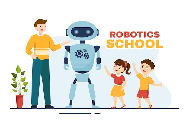 Robotik-Schulvektorillustration mit Kinder-Roboterprojekt zum Programmieren und Engineering-Roboter