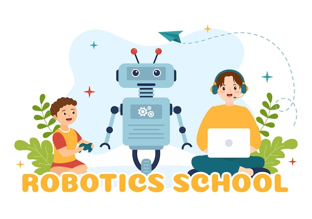 Robotik-Schulvektorillustration mit Kinder-Roboterprojekt zum Programmieren und Engineering-Roboter